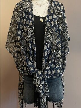 Navy and White Printed Fringe Kimono